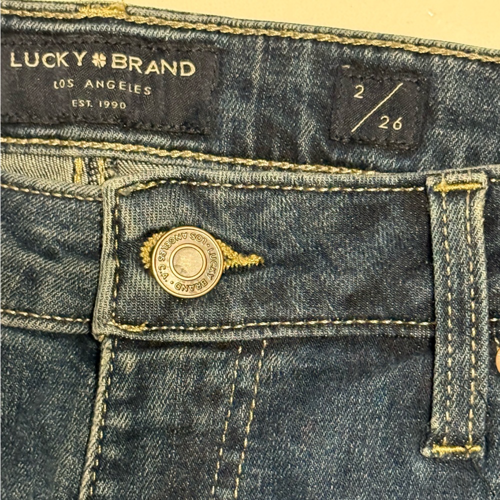 Lucky Brand Bermuda Jean Shorts | Dark Wash Denim w/ Tan Logo Patch - Picture 8 of 16